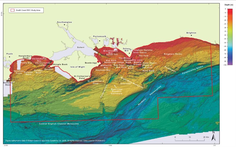 Bathymetry image of the South Coast REC Study Area showing named places