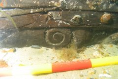 A carved rail stanchion on the Swash channel wreck