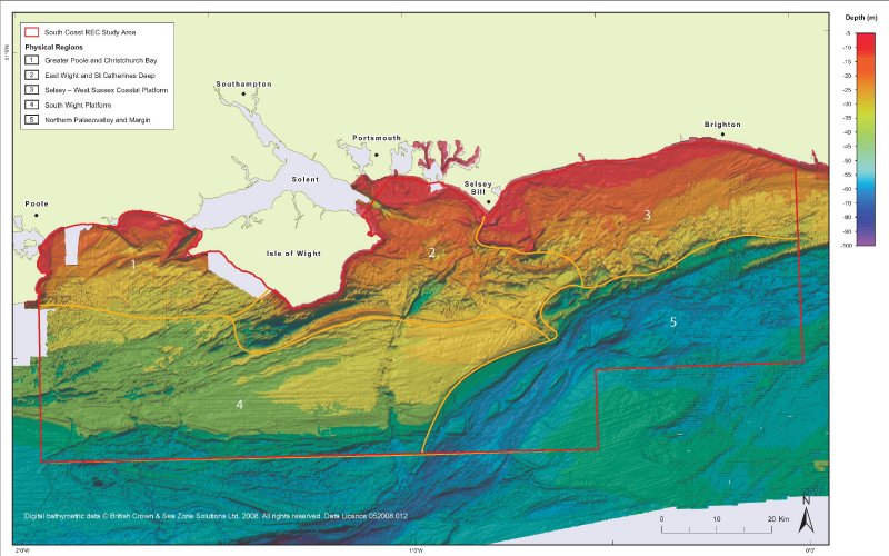 Bathymetric image of the South Coast REC Study Area showing the Physical Regions 1 to 5