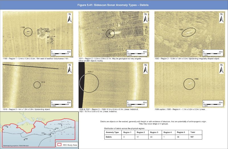 Geopysical sidescan anomalies; examples of possible pieces of debris