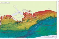 Bathymetry image of the South Coast REC Study Area showing named places