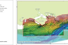Bathymetry image with geophysical survey types, lines and dates